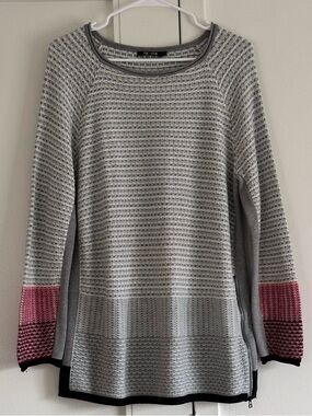 NIC+ZOE Gray White Textured Knit Sweater Colorblock Cozy Chic Minimalist L